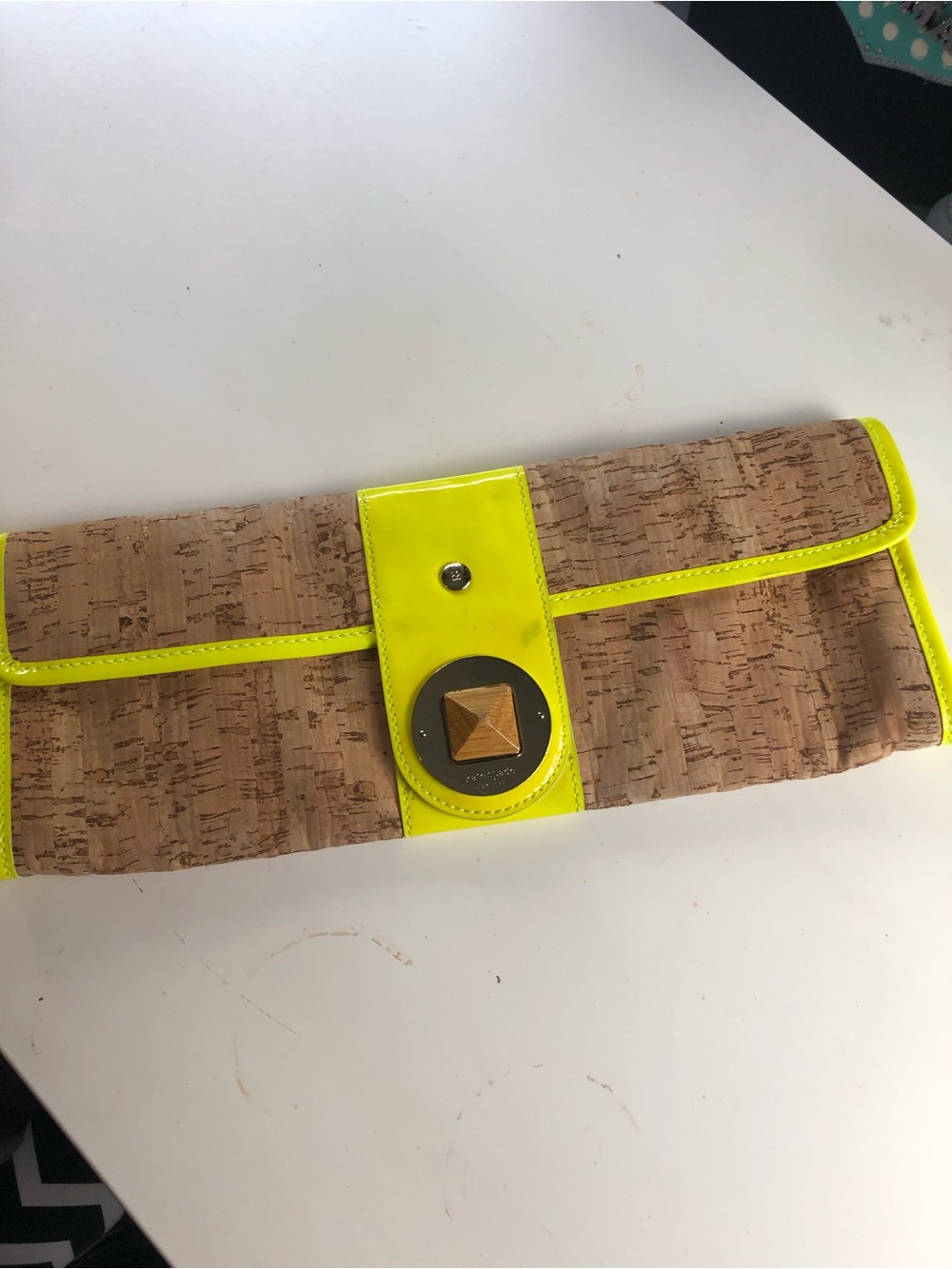 kate spade Cork Clutch with Neon Yellow Trim